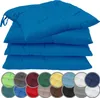 A stack of four royal blue seat cushions is shown against a white background. Below the cushions, a row of circular swatches displays various color options for the cushions. Produktbild-Vorschau
