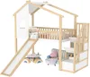A children's loft bed with a slide and stairs, set up in a playful, staged environment with a small table and chair. Voir les images du produit