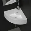 A white corner sink with a chrome faucet is shown against a black tiled wall and a gray tiled floor. A reflection of the sink is visible in a mirror above it. Náhľad obrázku produktu