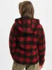 Back view of a person wearing a red and black plaid fleece jacket. Produktbild-Vorschau