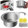 A collage of images showing a stainless steel sink strainer, its use in a sink with tomatoes, and included cleaning accessories. Náhled obrázku produktu