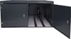 A dark gray metal bicycle garage with one door open, revealing a bicycle inside. Náhled obrázku produktu