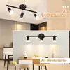 A collage showing a black LED ceiling light fixture installed on a ceiling and mounted on a wall. Produktbild-Vorschau