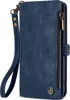 A blue wallet-style phone case with a wrist strap and a zippered compartment. Produktbild-Vorschau