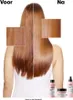 A split image showing the 'before' and 'after' effect of a hair product on a woman's hair, with product bottles at the bottom. Anteprima dell’immagine prodotto