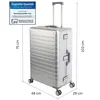 A silver aluminum trolley suitcase with dimensions indicated. Náhľad obrázku produktu