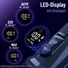 Close-up of a cordless vacuum cleaner with illuminated LED displays showing battery status and operating modes. Produktbild-Vorschau