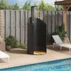 An outdoor shower next to a swimming pool on a wooden deck. Produktbild-Vorschau