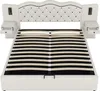 A white upholstered bed frame with a tufted headboard and integrated nightstands, shown from a front-facing, slightly elevated angle. Voir les images du produit