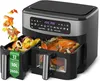 A dual-basket air fryer is shown with one basket filled with vegetables and the other with a roasted chicken and vegetables. The air fryer has a digital display and control panel. Produktbild-Vorschau