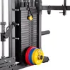 Close-up of a weight stack on a gym machine, with colorful weight plates at the bottom. Voir les images du produit