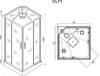 Technical drawing and 3D rendering of a shower cabin with dimensions. Produktbild-Vorschau