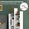 A white bookshelf with books and decorative items is shown against a green wall. An inset diagram shows how to attach an anti-tip kit. Produktbild-Vorschau