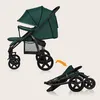 A green stroller is shown in its open state on the left and in a folded state on the right, with an orange arrow indicating the folding action. Náhled obrázku produktu