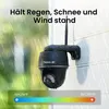 A black Reolink security camera is mounted on a white wall, with rain falling around it. A temperature gradient bar is shown at the bottom. Produktbild-Vorschau