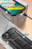 A black phone case is shown with close-ups highlighting its features. Produktbild-Vorschau