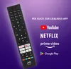 A remote control is shown in front of a purple gradient background, with logos and text for popular streaming services. Produktbild-Vorschau