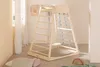 A wooden indoor play structure with a ladder, climbing net, and swing, set up in a child's room with artwork on the wall and pillows on the floor. Anteprima dell’immagine prodotto