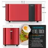 A red toaster shown from two angles, with a close-up of toast with an egg and avocado. Dimensions and features are listed. Náhled obrázku produktu