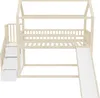 A wooden bunk bed with a slide and stairs with drawers, shown against a white background. Náhľad obrázku produktu