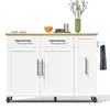 A white kitchen island with a wooden countertop, set against a white background. Decorative items like oranges, a vase with flowers, and a towel are placed on and attached to the island. Voir les images du produit