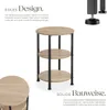 A three-tiered round side table with a wood-look finish and black metal legs, presented with descriptive text. Produktbild-Vorschau