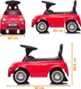 Collage of a red ride-on toy car with dimensions indicated. Produktbild-Vorschau