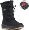 A black winter boot with a close-up inset showing the sole with anti-slip spikes. Voir les images du produit