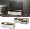 A living room scene with a TV stand and a separate view of the TV stand with doors open. Náhľad obrázku produktu