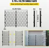 Collage of images showing a black metal expandable gate, including dimensions and a lifestyle shot of the gate installed. Anteprima dell’immagine prodotto