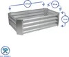 A rectangular raised garden bed made of corrugated galvanized steel, with dimensions indicated by measurement lines and circles. Produktbild-Vorschau