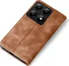 A brown flip-style phone case with a camera cutout is shown against a white background. Produktbild-Vorschau