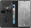 A black leather flip phone case with card slots and a euro banknote, next to a smartphone displaying the time and date. Produktbild-Vorschau