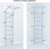 Two illustrations of a wall-mounted climbing frame with yellow grips, shown in different corner and wall configurations. Voir les images du produit