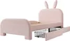 A pink children's bed with bunny ears on the headboard, shown with one drawer pulled out. Voir les images du produit