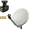 A satellite dish and its components are displayed against a white background. Produktbild-Vorschau