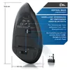 A close-up view of the bottom of a black vertical mouse, with dimensions and feature descriptions overlaid on a blue background. Produktbild-Vorschau