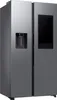 A side-by-side refrigerator with a touchscreen display on the right door and a water dispenser on the left door. Produktbild-Vorschau
