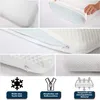 A collage of images showing different aspects of a white pillow, including close-ups of its texture, a zipper, and feature icons. Produktbild-Vorschau
