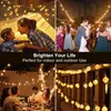 Collage of images showing string lights used in various settings, including indoors with children, outdoors at a wedding, and at a dinner party. Produktbild-Vorschau