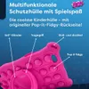 A pink tablet case with pop-it features is shown with labels pointing to its different functions. Produktbild-Vorschau