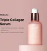 A bottle of Medicube Triple Collagen Serum is shown against a light pink background, with text describing its benefits. Podgląd zdjęcia produktu