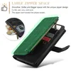 A close-up view of a black wallet-style phone case with a green overlay highlighting the zipper space. Produktbild-Vorschau