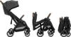 A collage showing a stroller in its unfolded state and two stages of folding. Produktbild-Vorschau