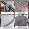 A collage of four close-up images showcasing different features of a gray mesh laundry basket. Produktbild-Vorschau