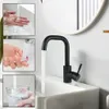 A collage of images showing a black kitchen faucet in use, including washing hands, rinsing a toothbrush, and filling a glass. Produktbild-Vorschau