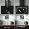 A split image showing two different modes of operation for a kitchen range hood: exhaust and recirculation. Each mode is illustrated with a diagram of the hood's internal workings and a symbol indicating the function. Below each diagram are pots on a stove Produktbild-Vorschau