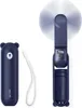 A dark blue portable fan is shown in two states: folded and unfolded. The folded state resembles a bear's face, and the unfolded state shows the fan mechanism and charging ports. Anteprima dell’immagine prodotto