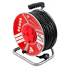 A cable reel with a black cable wound around it, resting on a metal stand. The reel has a red face with several sockets and branding. Produktbild-Vorschau