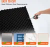 A hand is shown cutting a piece of black acoustic foam with scissors. Below are images of different surfaces (metal, glass, marble, ceramic tile) with checkmarks, indicating the product can be applied to them. Text highlights the product's ease of cutting  Náhľad obrázku produktu